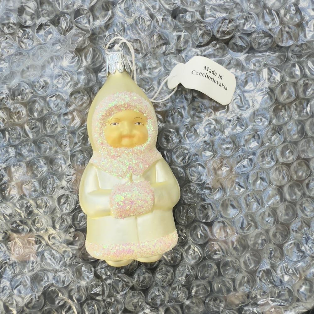 Vtg 90s Czech Mercury Blown Glass Snow Baby Christmas Ornament Glitter 1993 NIB